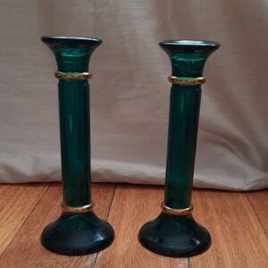 Vintage Handcrafted Green Glass Candle Holders